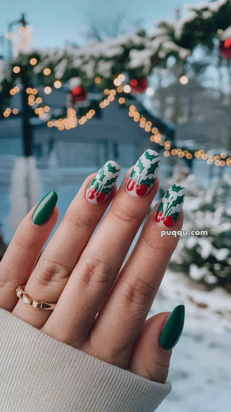 Hand with Christmas-themed nail art featuring green base color and holly design, with a snowy and festive blurred background.