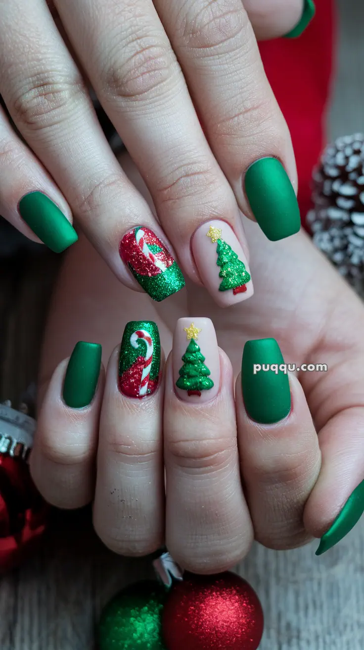 Hands with Christmas-themed nail art featuring green matte nails, red glitter with candy cane designs, and 3D Christmas tree decorations.