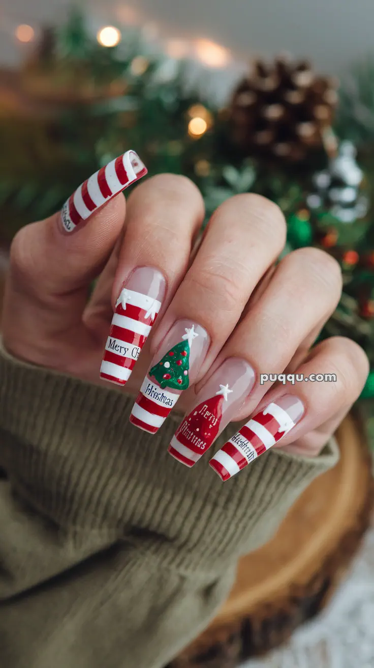 Christmas-themed nail art with red and white stripes, Christmas trees, and festive messages.