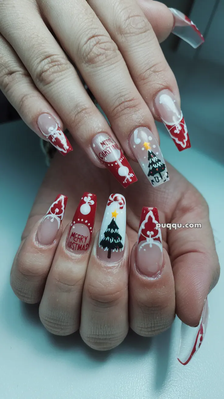 Festive Christmas-themed nail art with red, white, and tree designs.