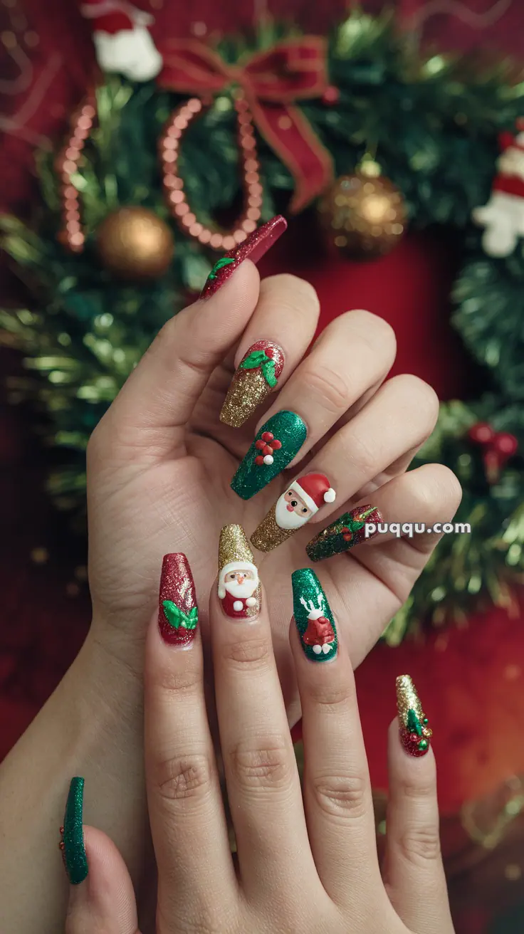 Festive Christmas-themed nail art with designs including Santa Claus, holly, and reindeer, featuring red, green, and gold colors.