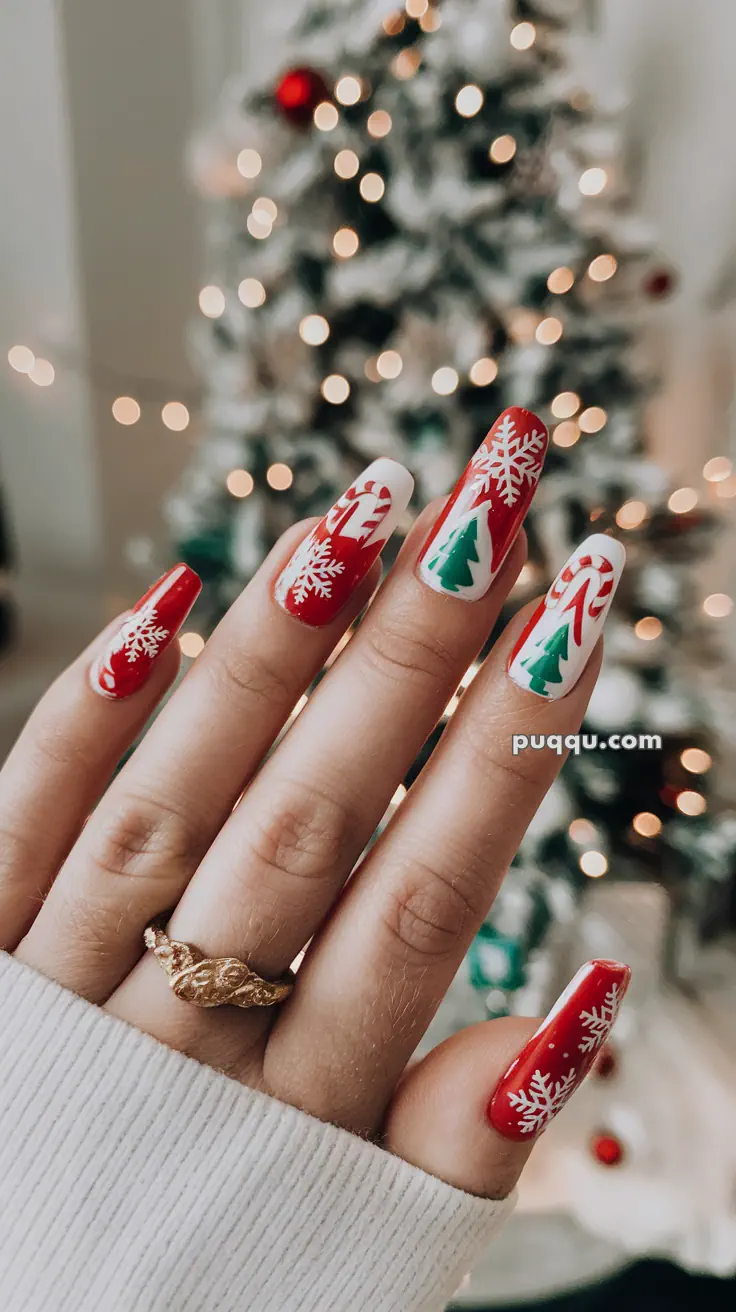 Festive Christmas-themed nail art with snowflakes, candy canes, and Christmas trees in red, white, and green.