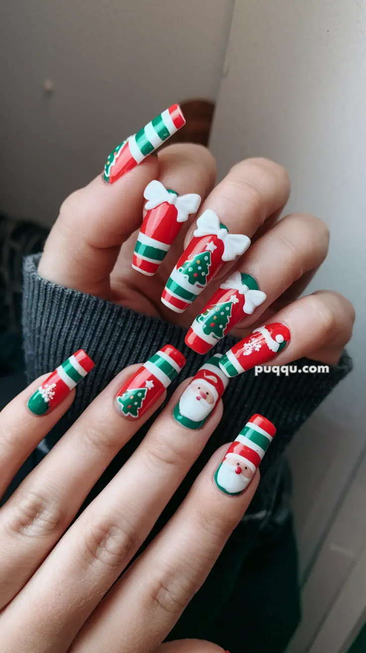 Holiday-themed nail art with Christmas trees, Santa Claus, and festive colors.