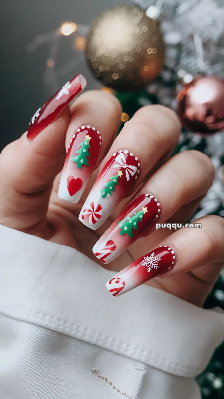 Fingernails with festive Christmas-themed nail art featuring trees, snowflakes, candy canes, and ribbons.