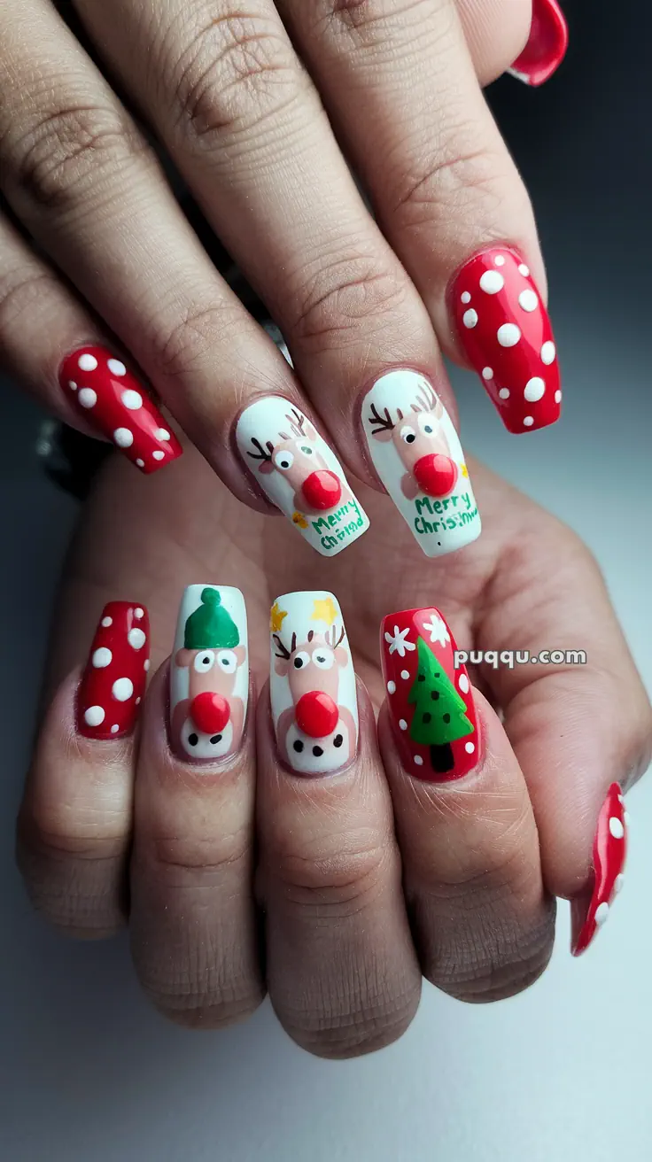 Christmas-themed nail art with reindeer, snowmen, polka dots, and a Christmas tree.