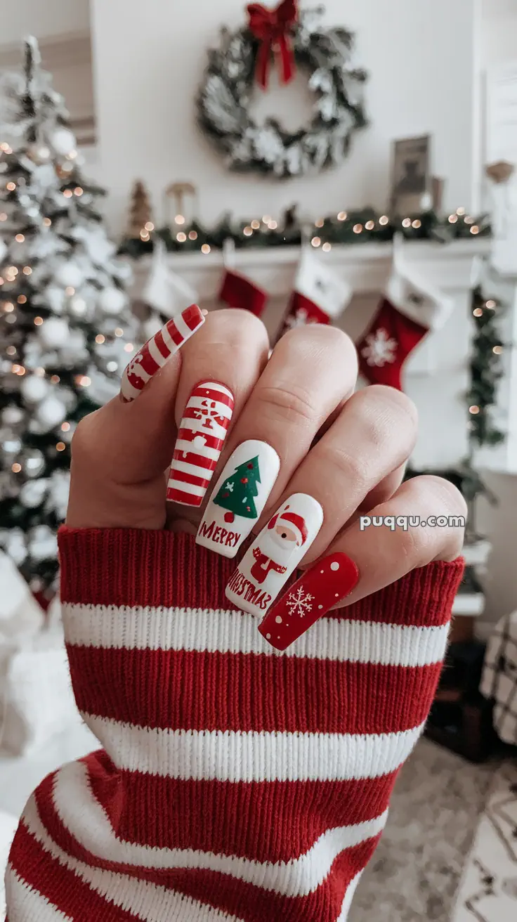 Festive Christmas-themed nail art with red and white designs, including stripes, a Christmas tree, Santa, and snowflakes, with a holiday background.