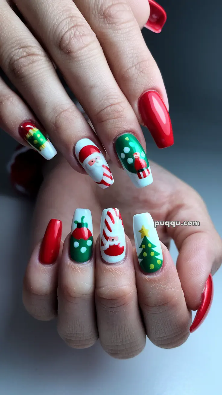 Festive Christmas-themed nail art featuring Santa, Christmas trees, and red and green designs.