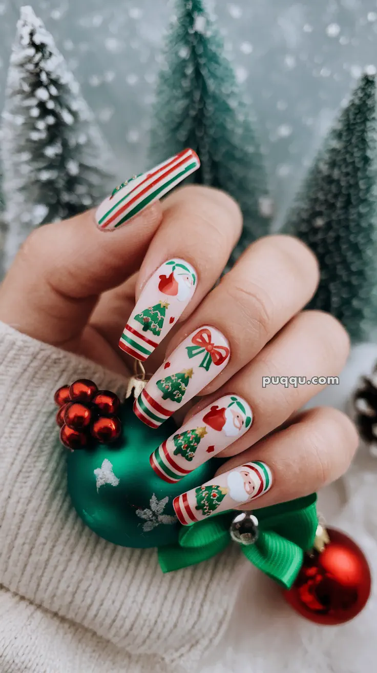 Festive Christmas-themed nail art featuring Santa, Christmas trees, and red-green stripes, with a background of snowy trees.