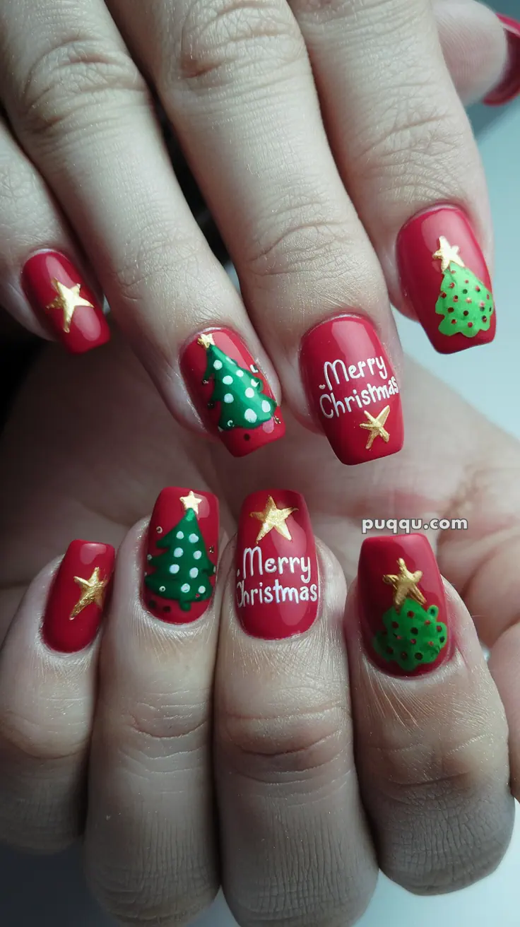 Red Christmas-themed nail art with decorated trees, gold stars, and "Merry Christmas" text.