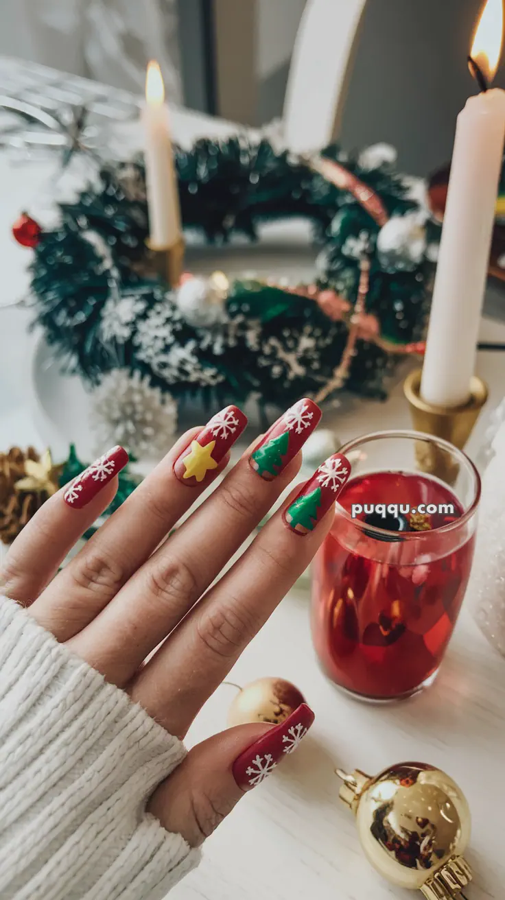 Hand with festive nail art featuring snowflakes, stars, and Christmas trees, in front of a Christmas wreath and candle.