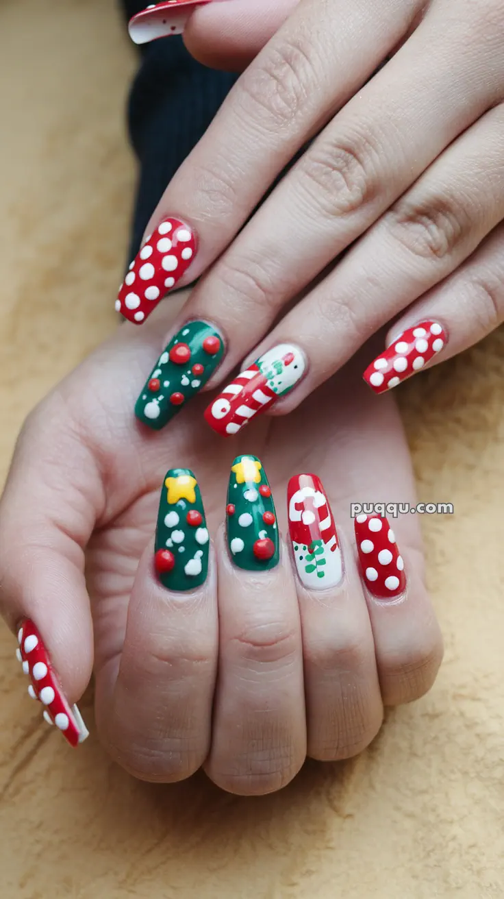 Festive Christmas-themed nail art with red, green, and white designs featuring polka dots, stars, snowmen, and candy canes.