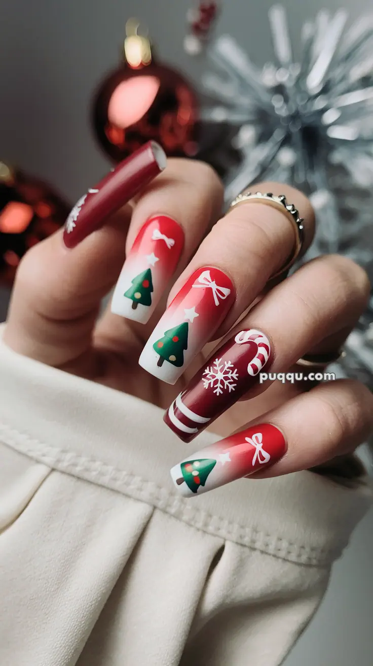 Festive Christmas-themed nail art with red and white colors featuring trees, bows, stars, and candy canes.