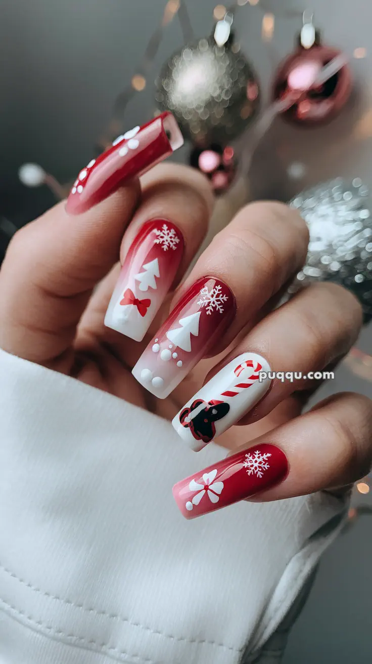 Festive red and white Christmas-themed nail design with snowflakes, candy canes, trees, and bows.