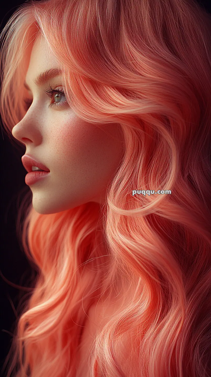 A woman with long, wavy, pink hair in a profile view against a dark background.