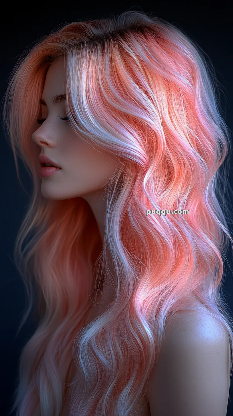 A person with long, wavy pastel pink hair, shown in profile against a dark background.