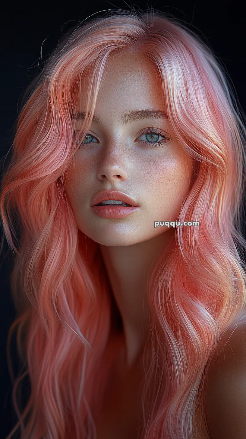 A person with wavy pink hair and freckles looking directly at the camera.