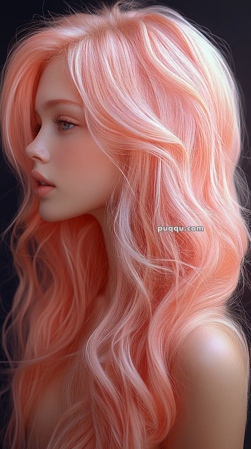 A person with long, wavy, pastel pink hair against a dark background.