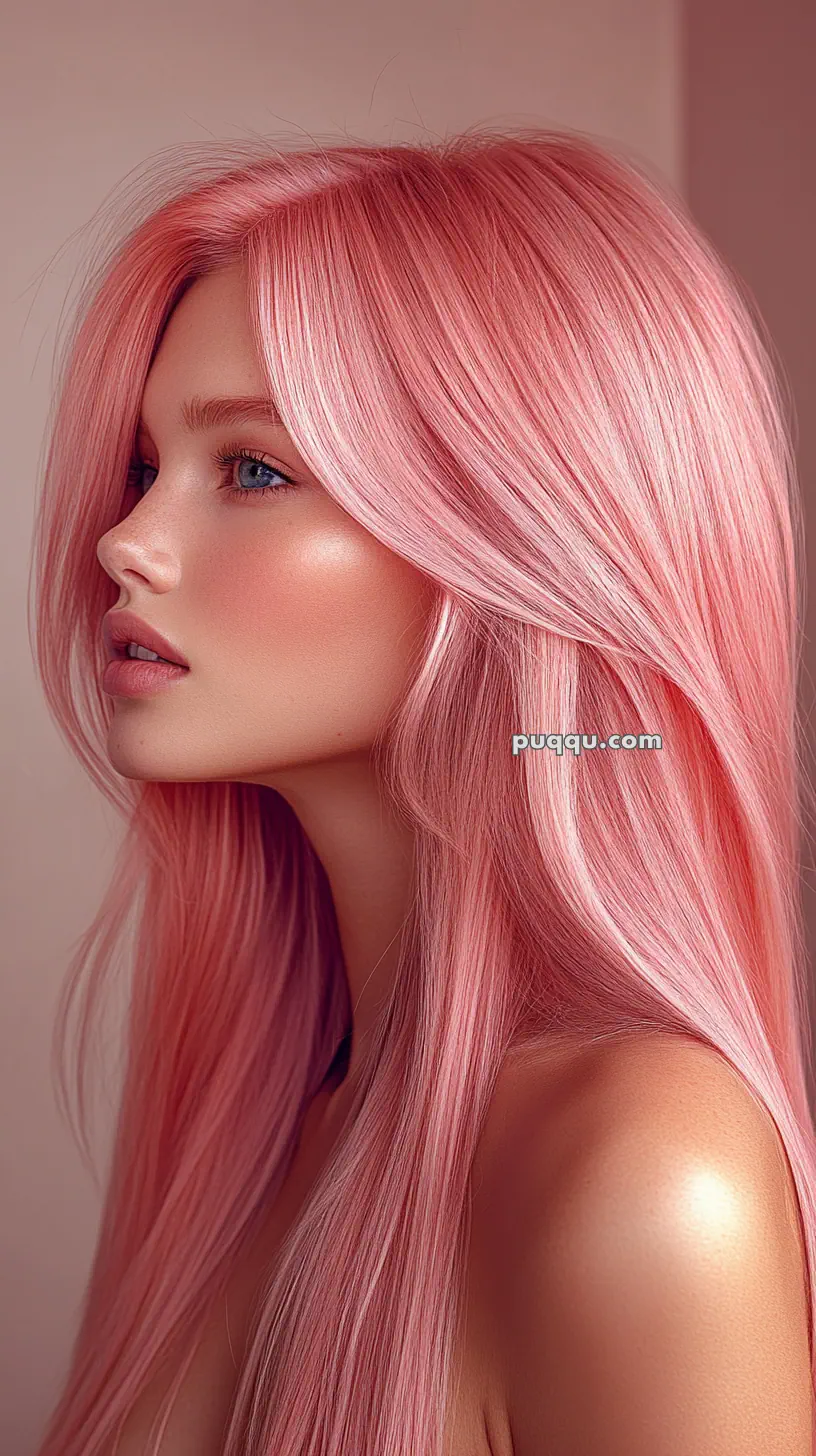 A person with long pink hair gazing sideways.