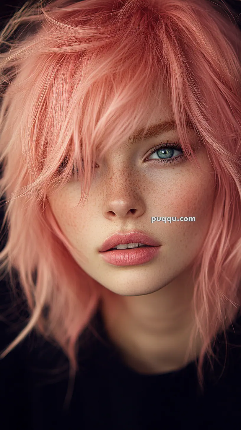 A person with pink hair and freckles looking directly at the camera.