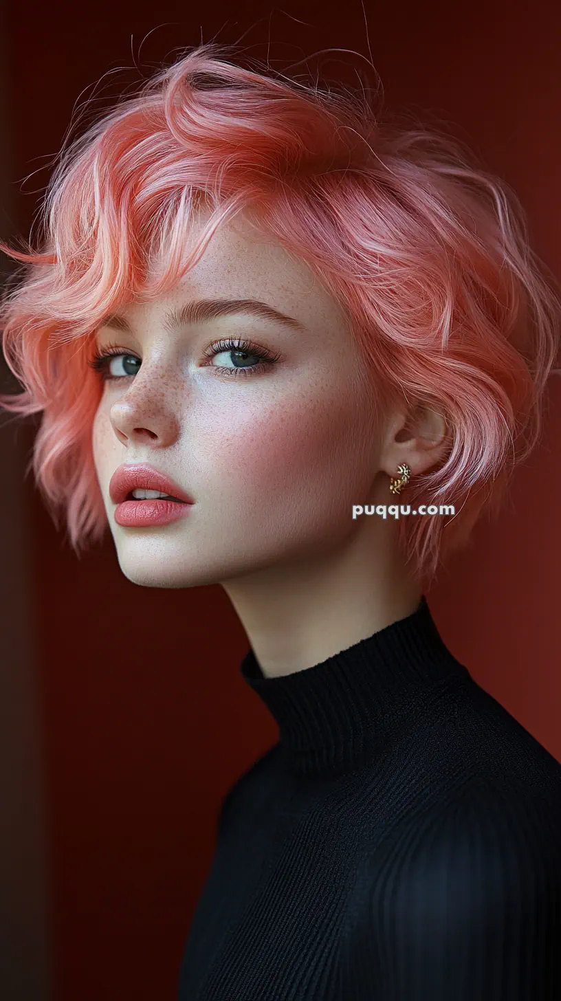 A person with short, wavy pink hair and freckles wearing a black turtleneck.