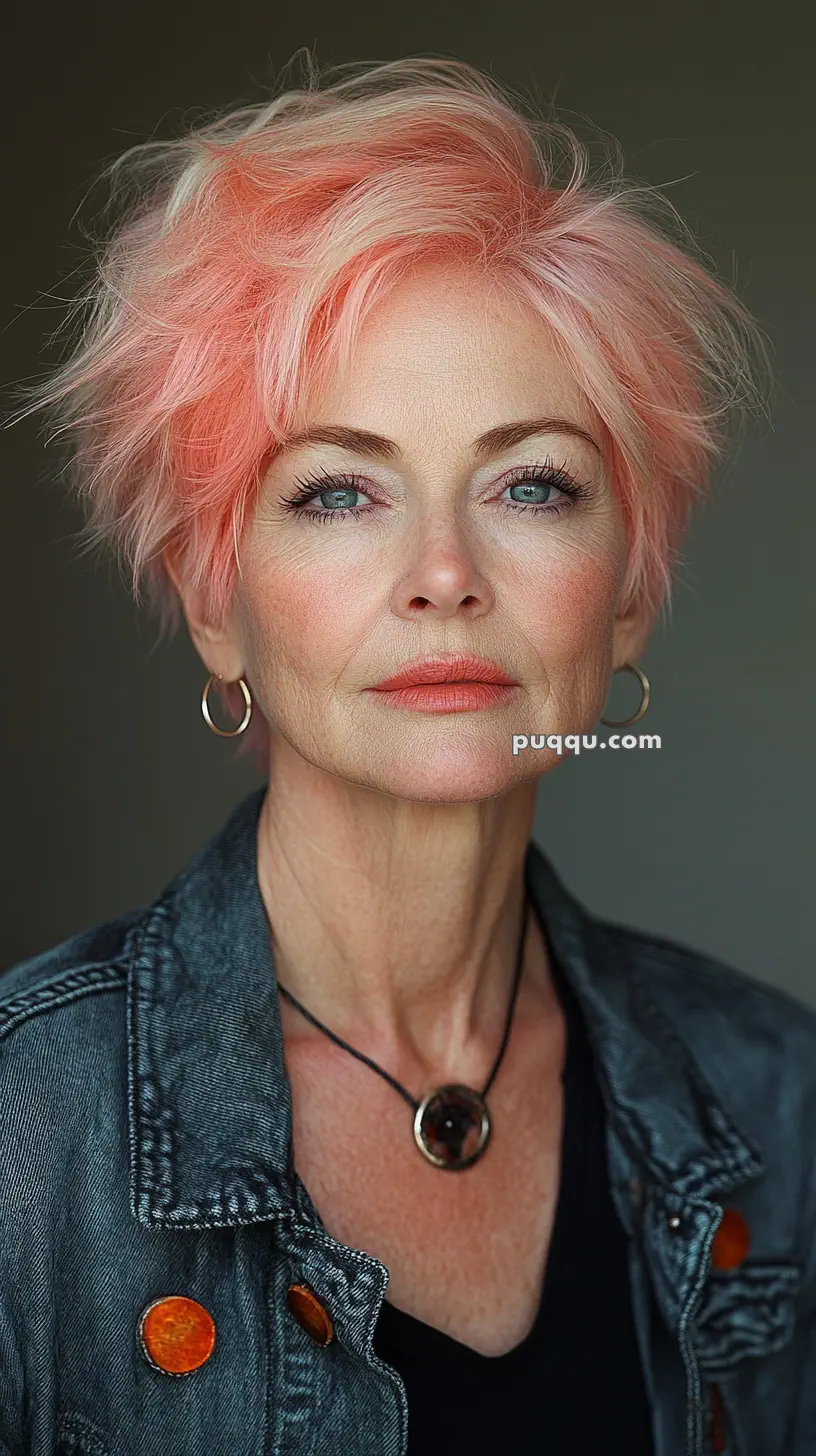 A woman with short, pink hair wearing a denim jacket and a necklace.