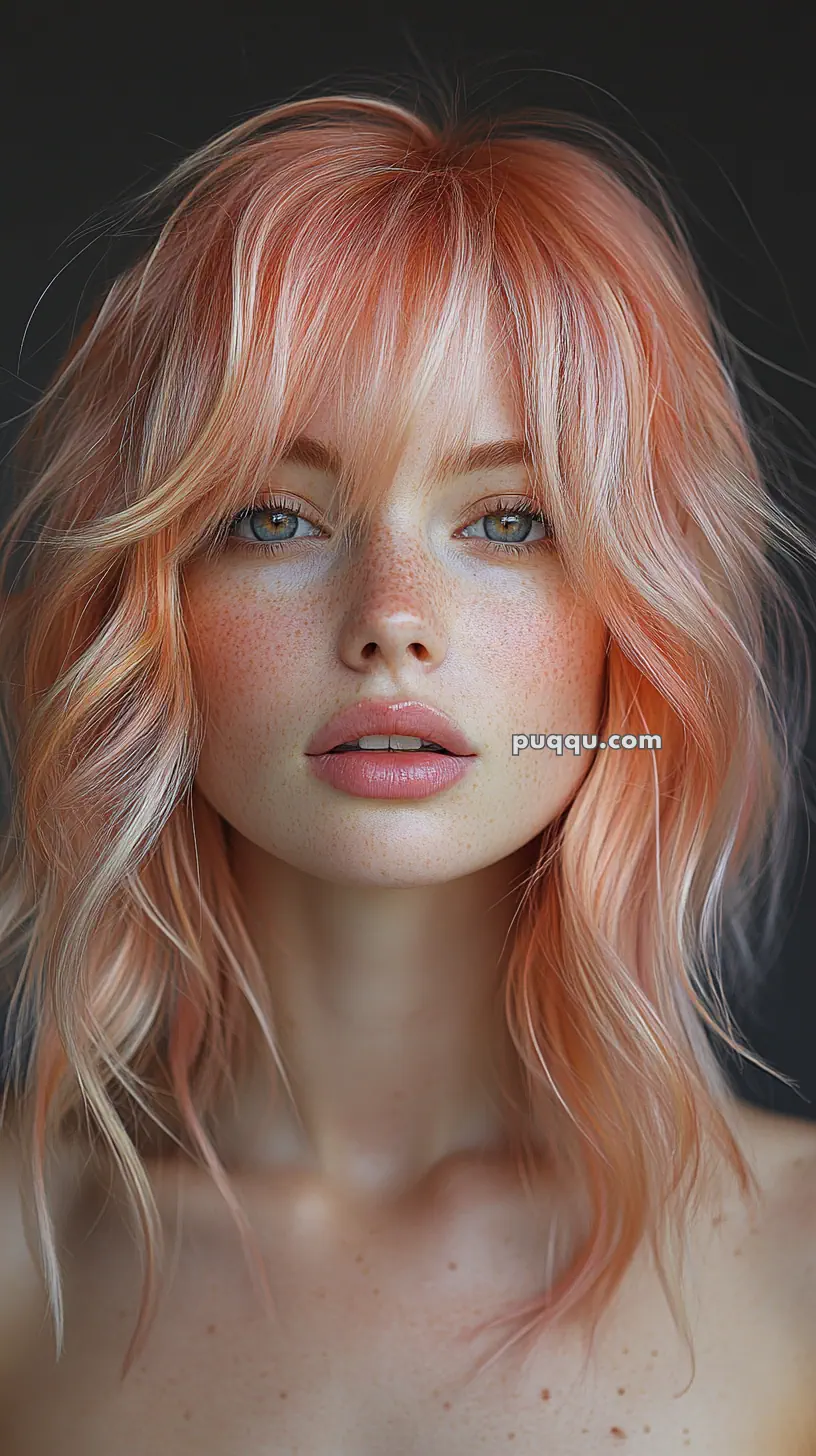 A woman with wavy peach-colored hair and freckles, gazing directly at the camera, with natural makeup and a calm expression.