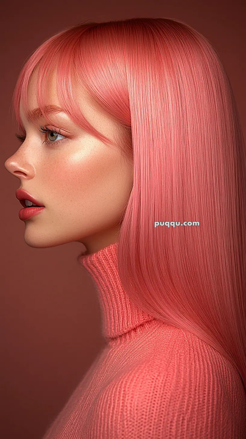 Profile of a person with long, straight pink hair and wearing a high-neck pink sweater against a pink background.