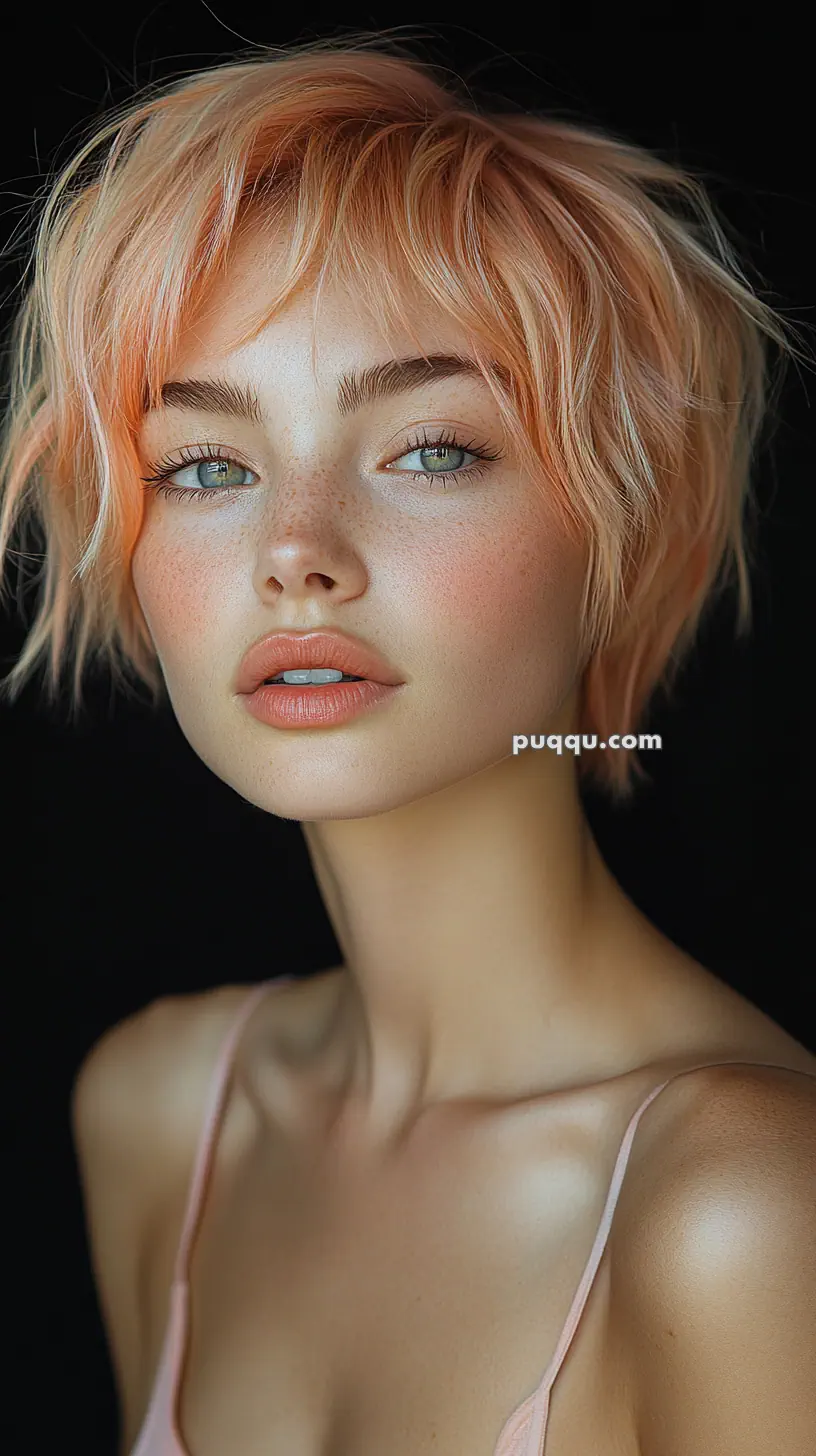 A person with short, pinkish-blonde hair and freckles, wearing a light-colored top, against a dark background.