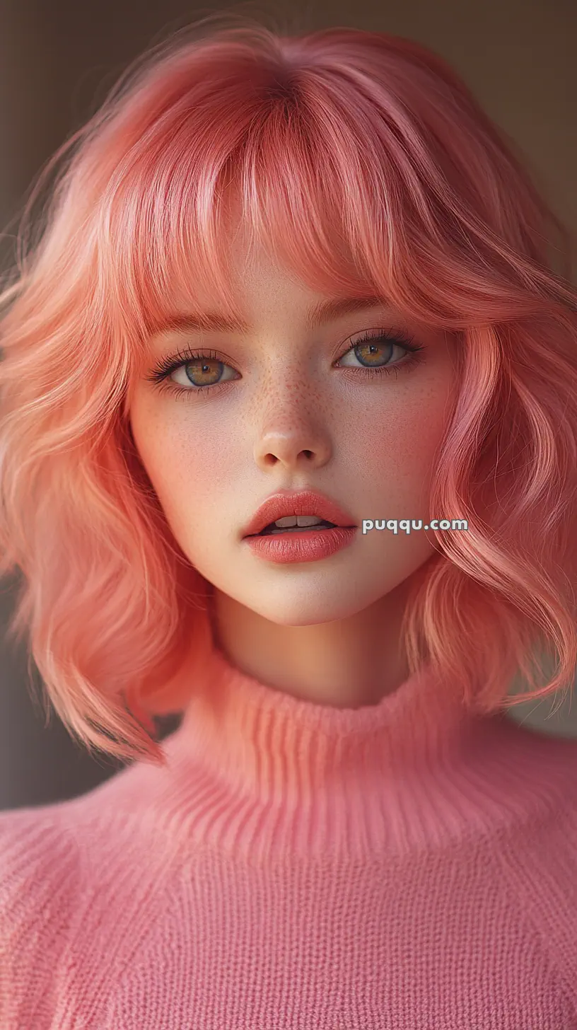 A person with pink hair wearing a pink sweater.