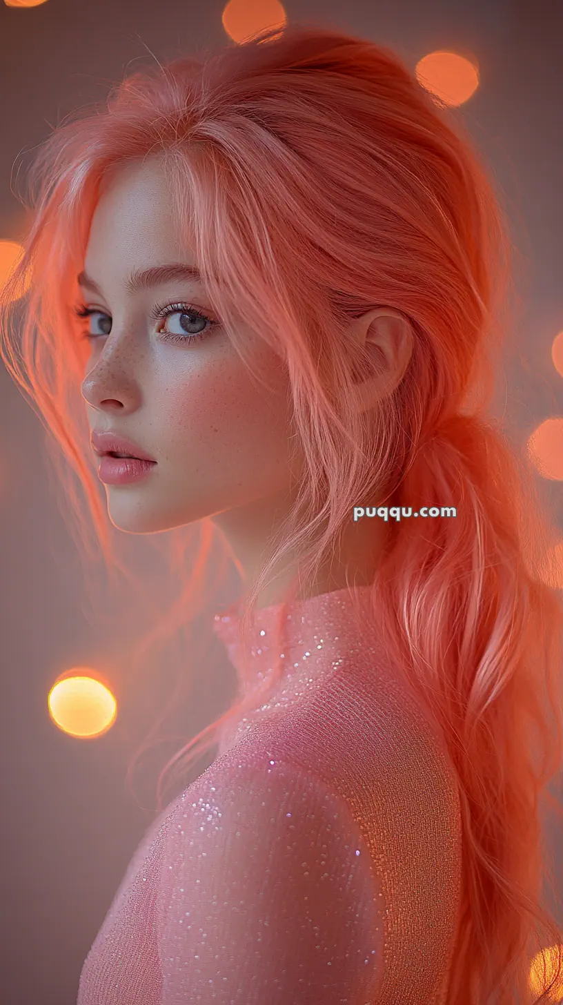 A person with long pink hair and a glittery pink top, set against a blurred background with orange bokeh lights.