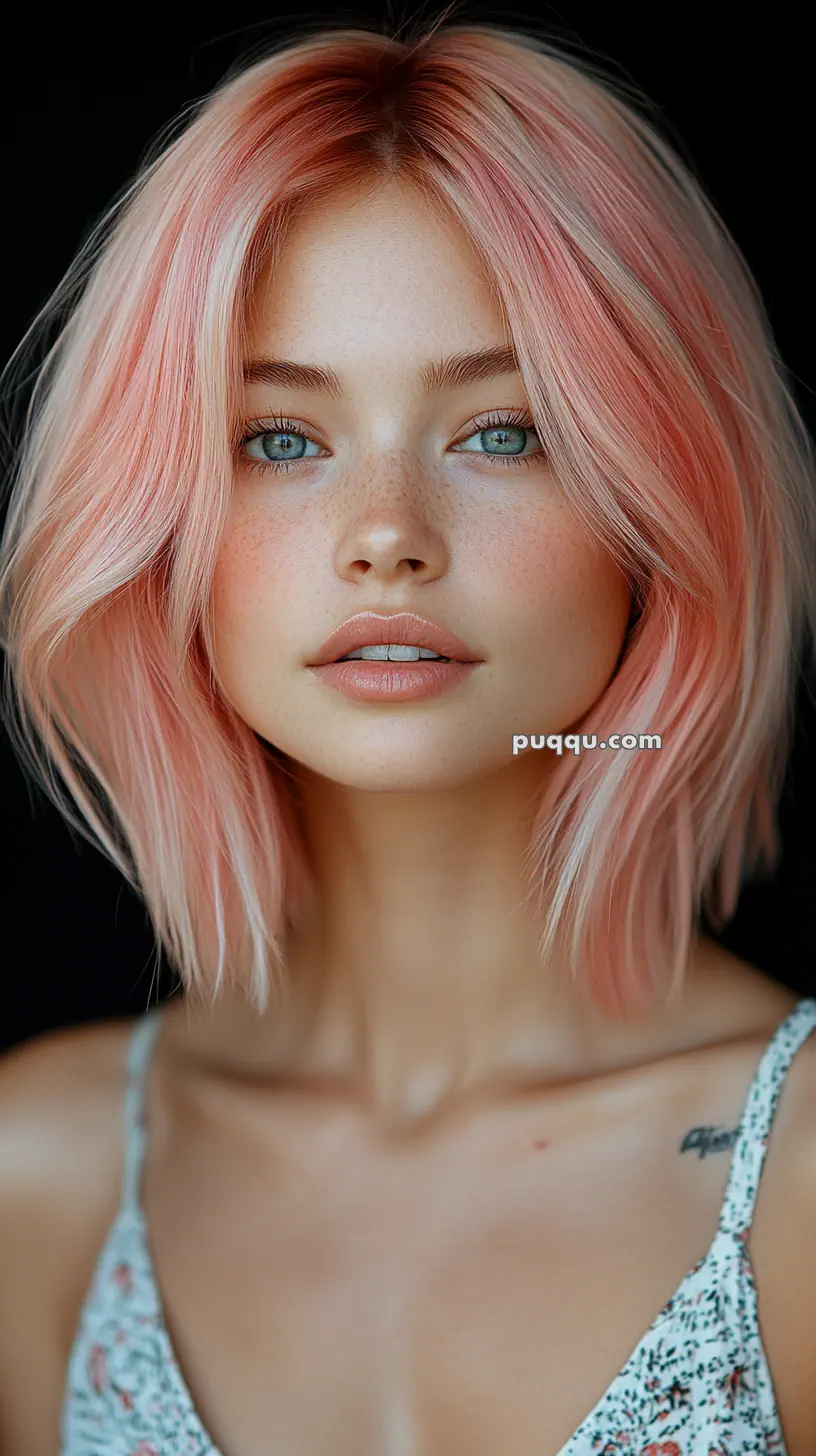 A woman with pink hair and freckles wearing a floral top, set against a dark background.