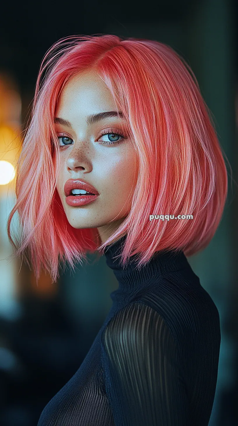 A person with pink hair and blue eyes wearing a black turtleneck, facing sideways against a dark background.