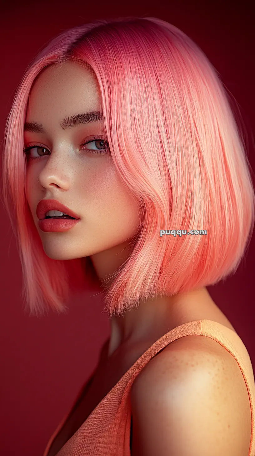 A person with pink hair and wearing a pink top against a pink background.