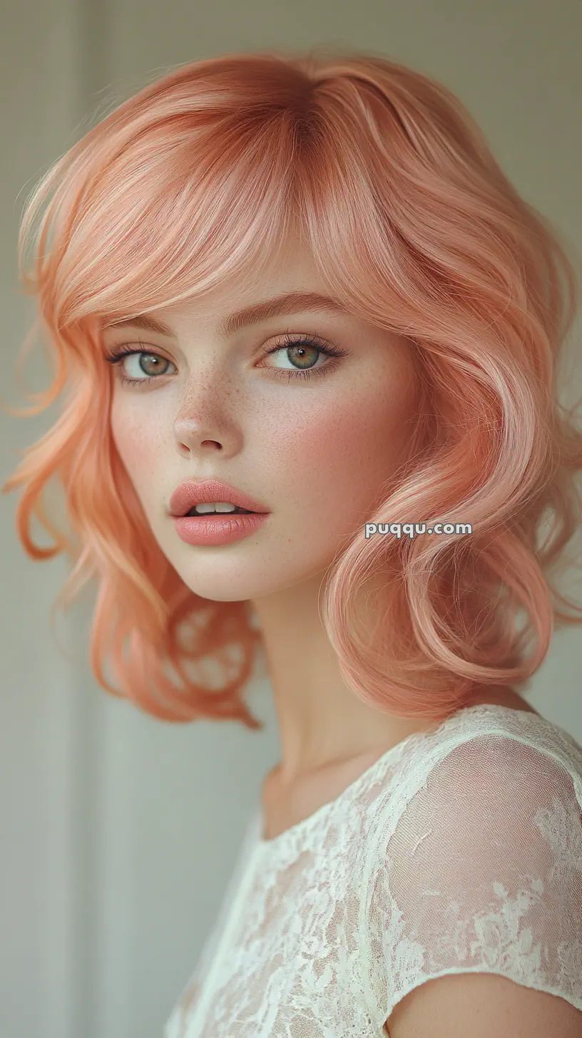 A person with peach-colored wavy hair and delicate makeup, wearing a white lace top.