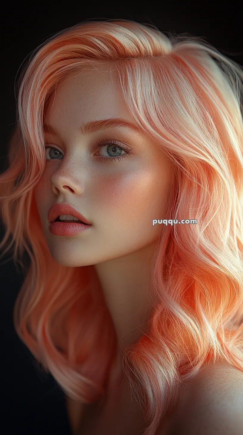 A person with wavy, pastel pink hair gazes towards the viewer, set against a dark background.