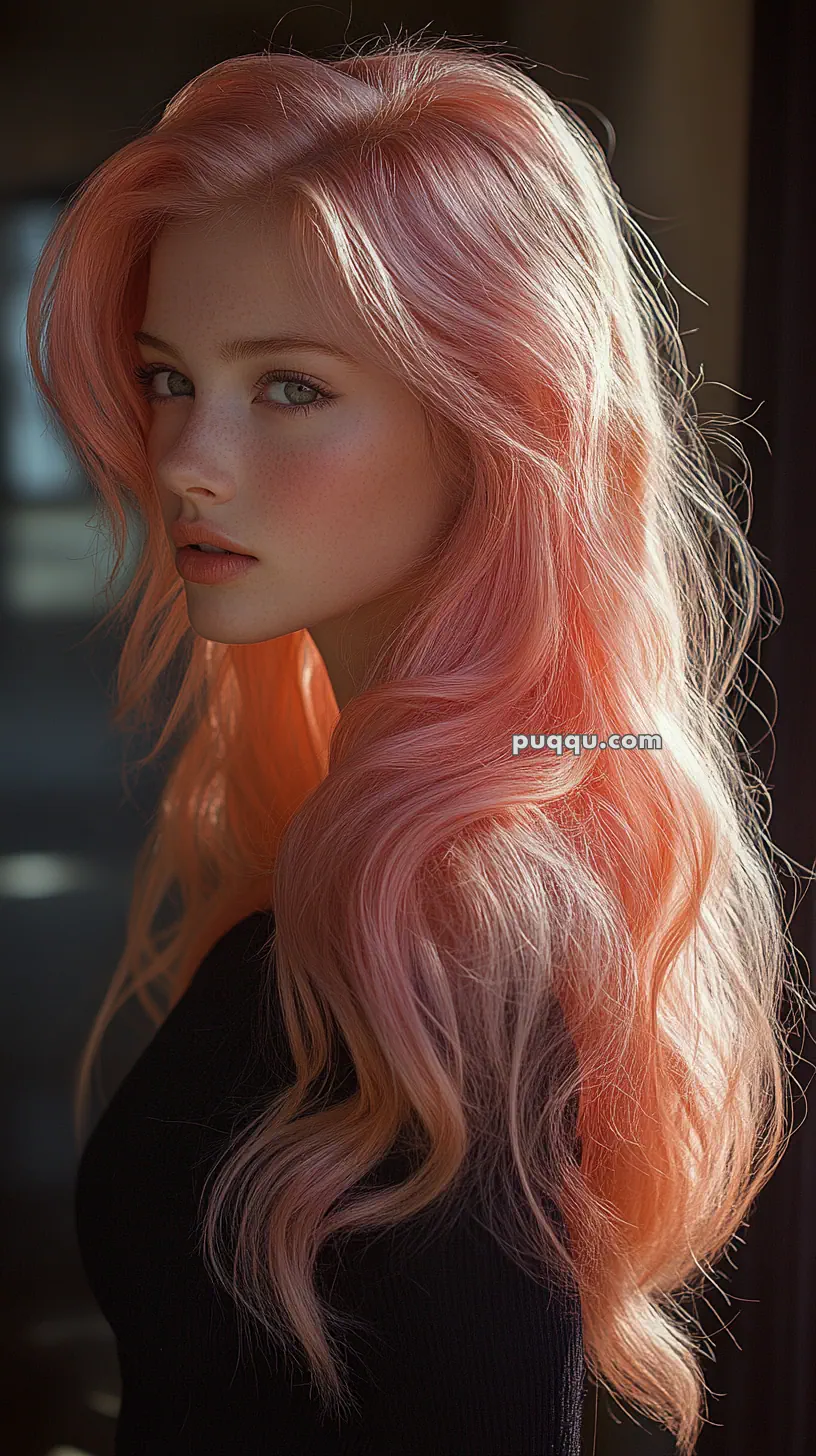 A person with long, wavy pink hair and a black top gazing sideways in soft lighting.