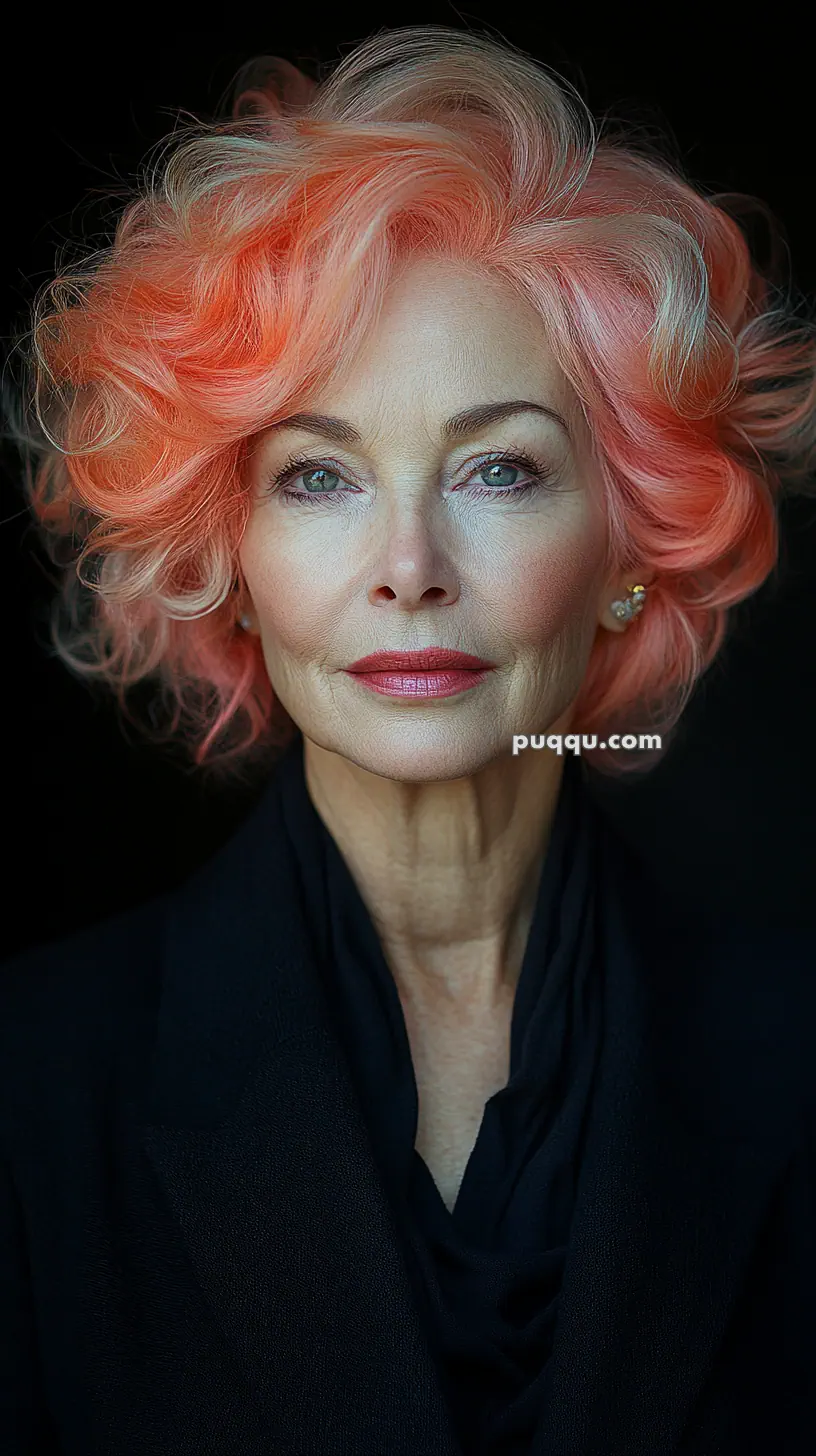 Elderly woman with vibrant pink hair and a black coat, gazing confidently at the camera.