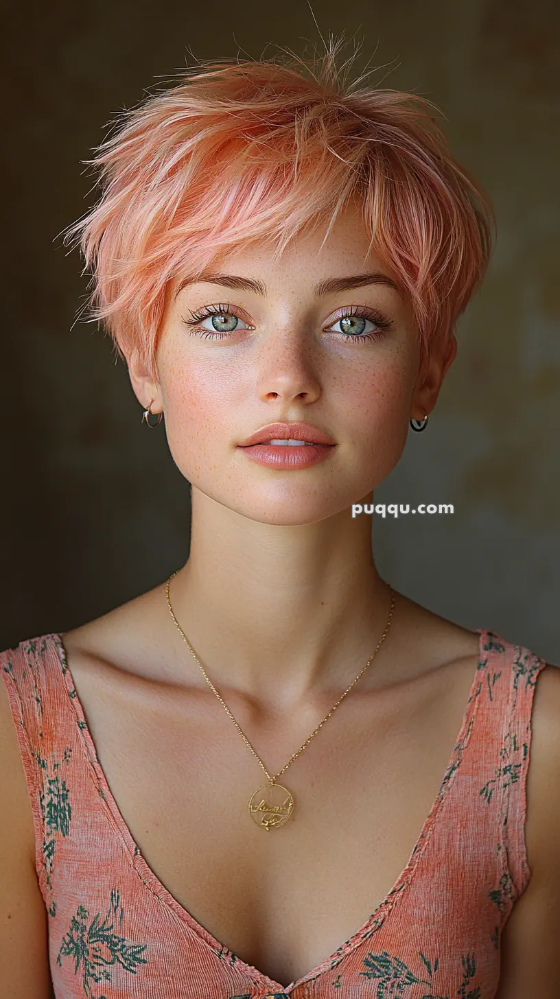 Portrait of a person with short, pastel pink hair and a floral top, wearing a necklace.