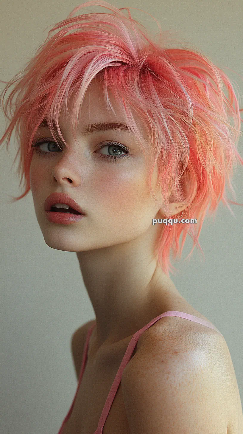 A person with short, tousled pink hair and freckles, wearing a pink strap top.