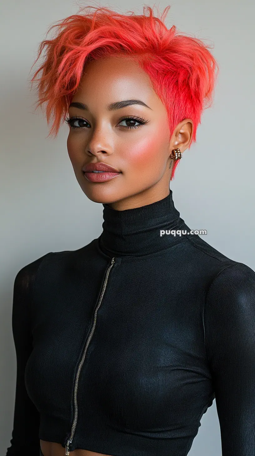 A woman with vibrant red hair and a black turtleneck top.