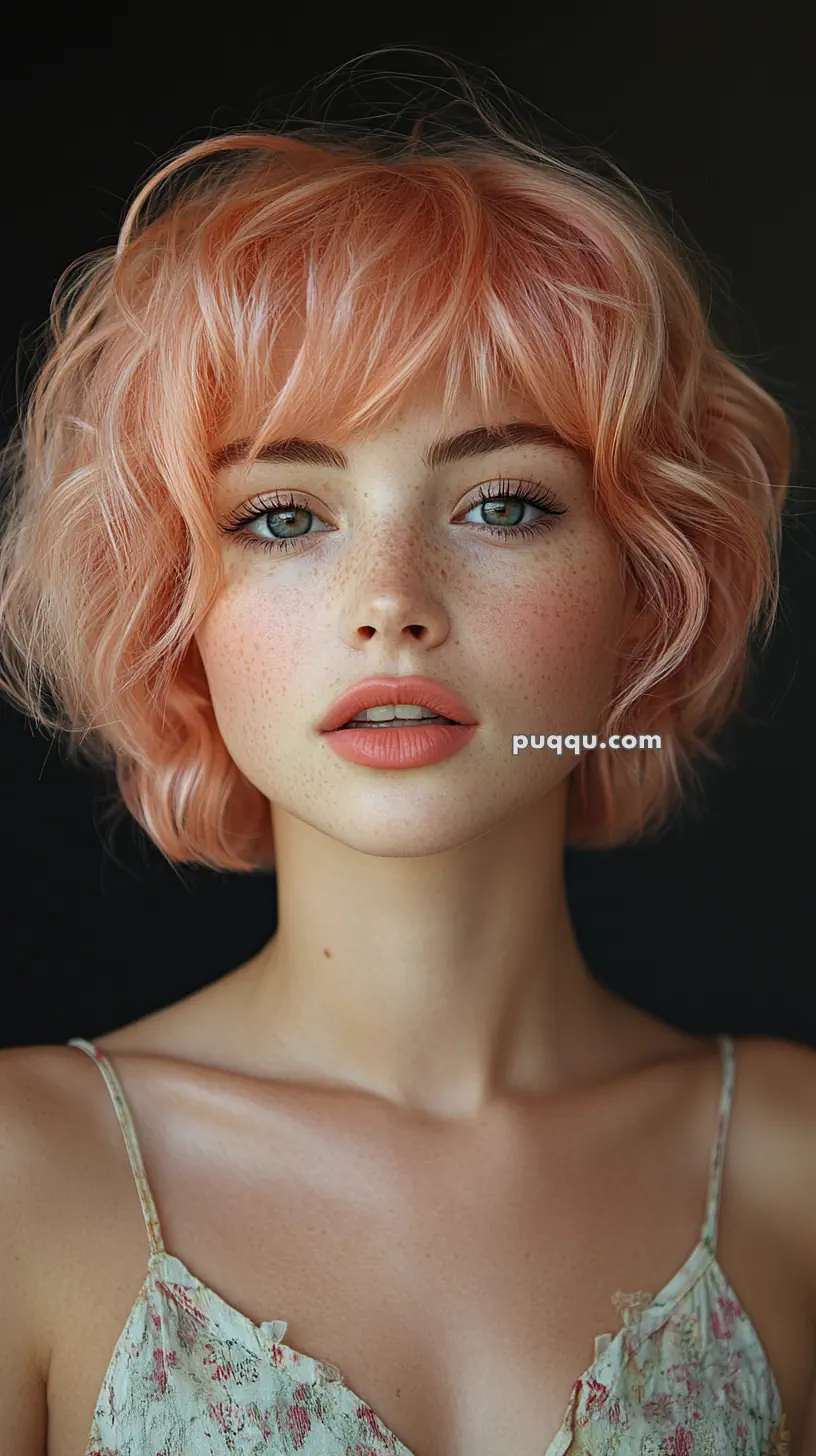 A person with short, curly pink hair and freckles, wearing a floral-patterned spaghetti strap top, against a dark background.