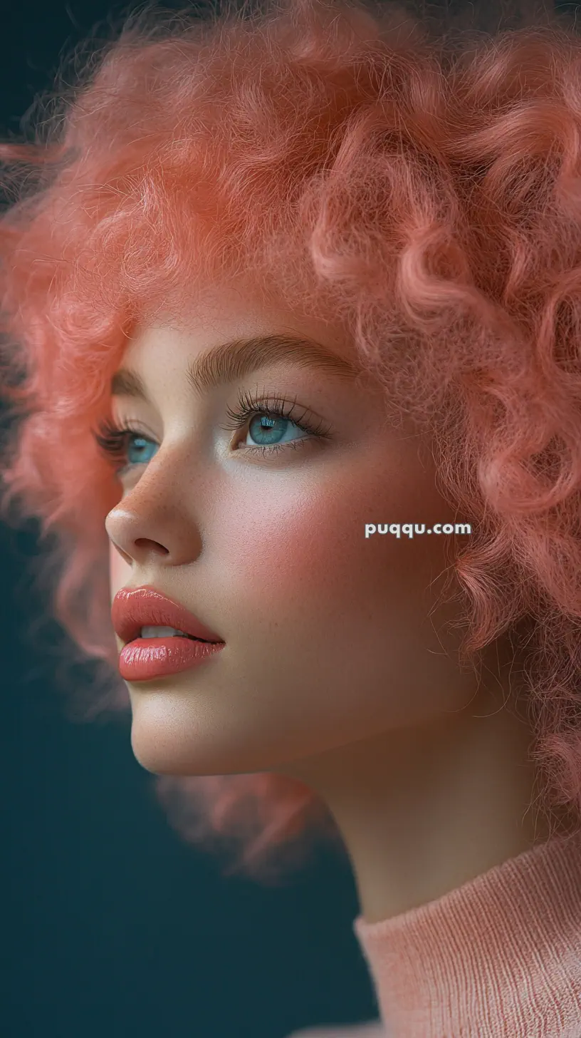 Portrait of a person with pink curly hair and blue eyes against a dark background.