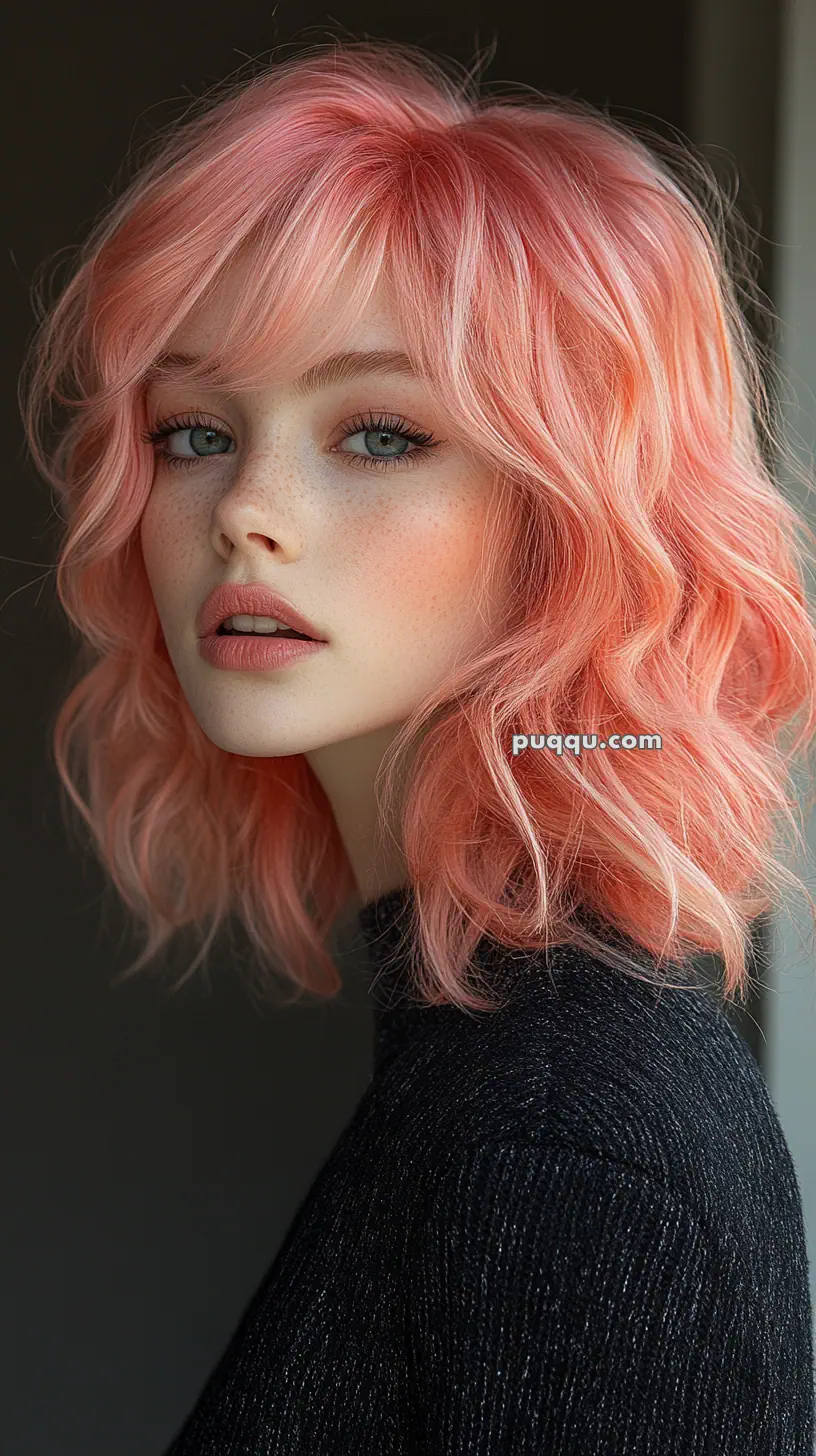 A young woman with pink wavy hair and freckles, wearing a black top, looks at the camera.