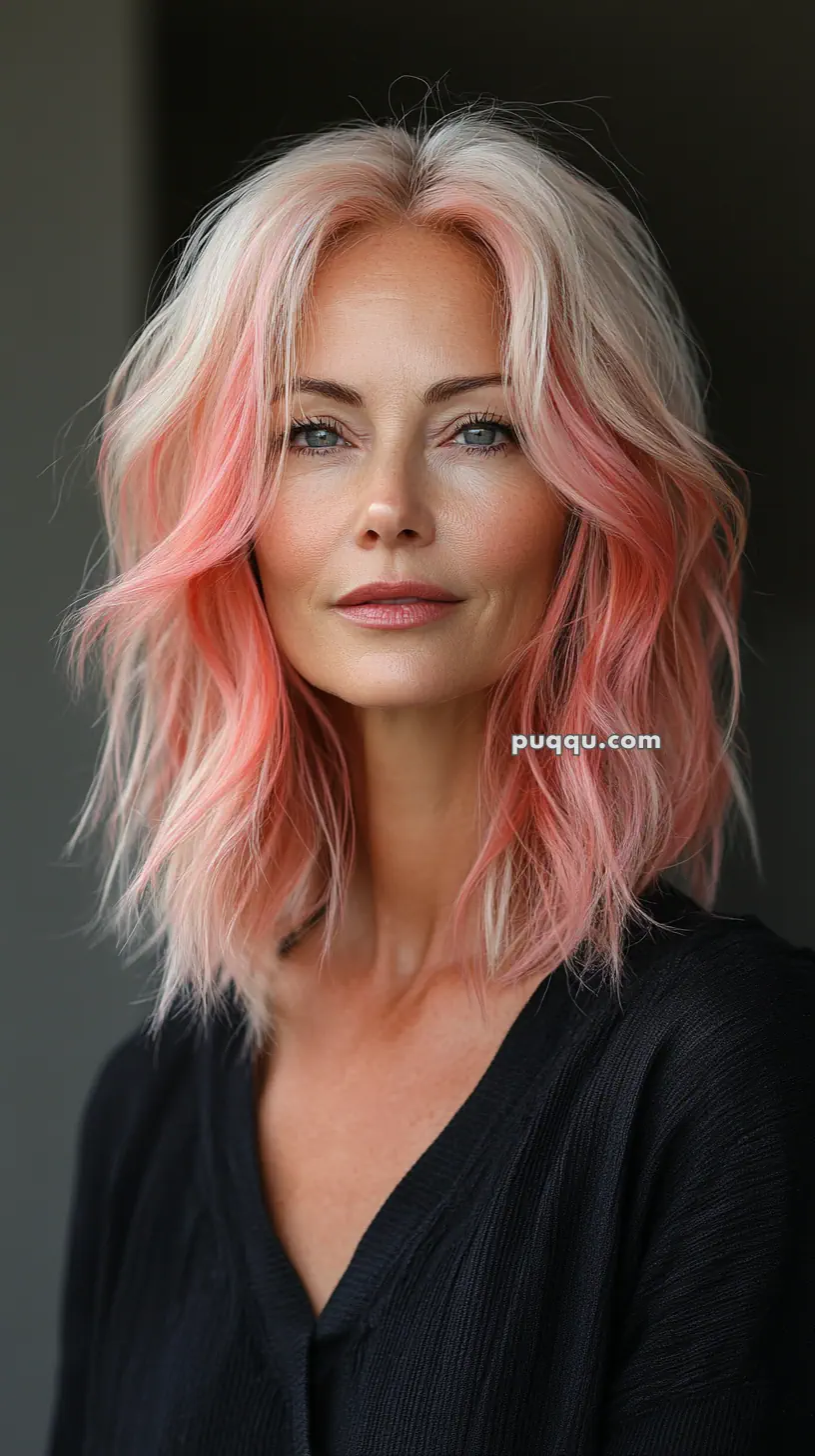 Woman with shoulder-length pink and blonde hair, wearing a black top, looking directly at the camera.