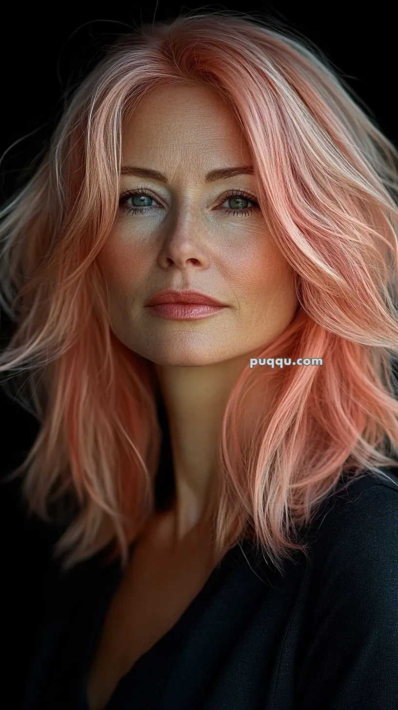 A woman with pink hair and blue eyes, wearing a black outfit, against a dark background.