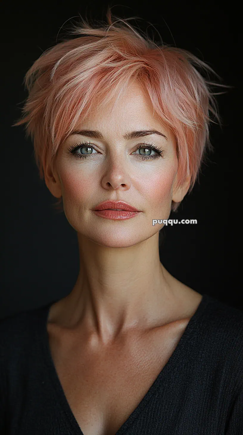 A woman with short, tousled pink hair and a black top against a dark background.