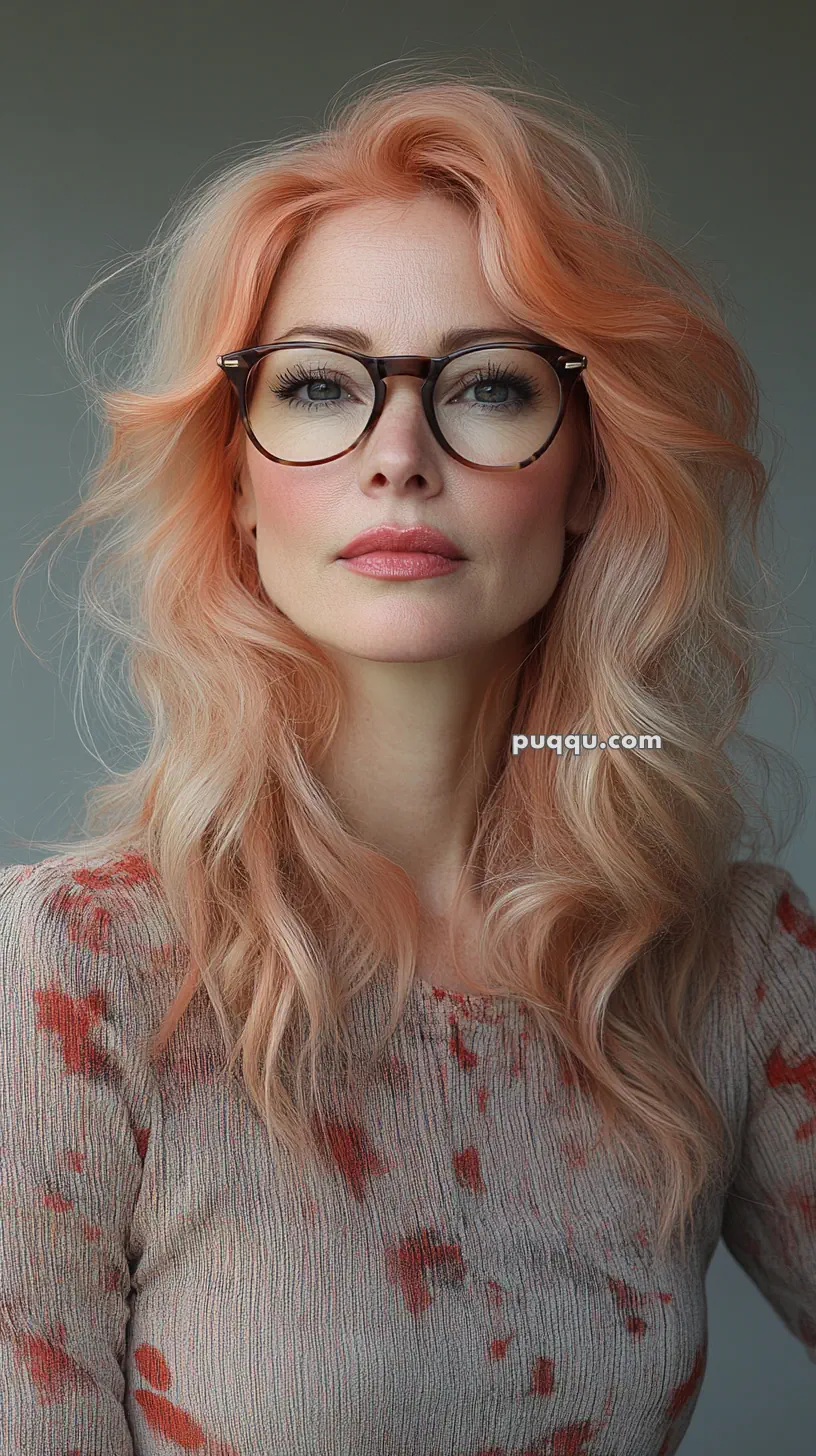 A woman with wavy pink hair and glasses, wearing a patterned top.