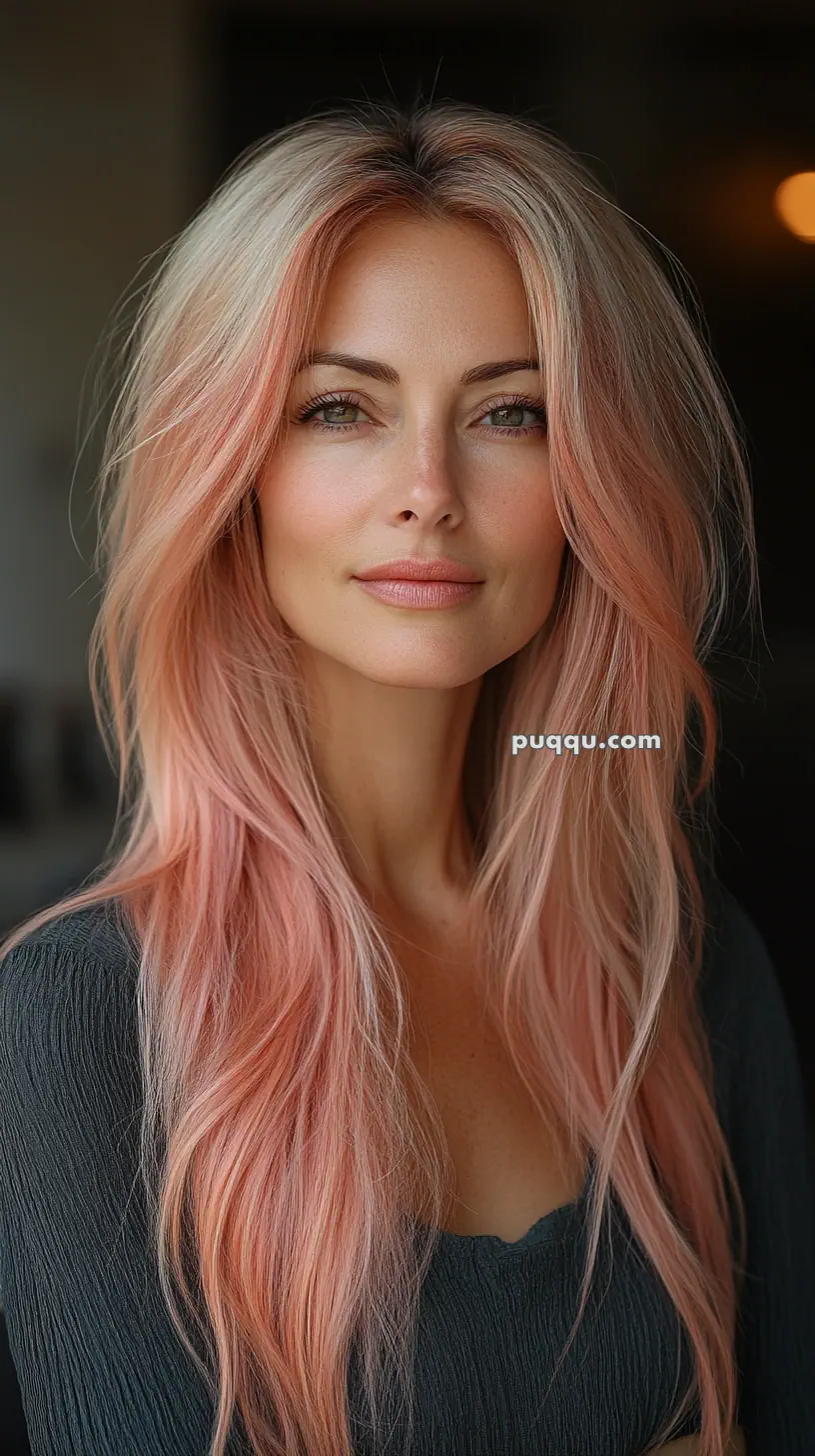 Woman with long pink hair and a dark top.