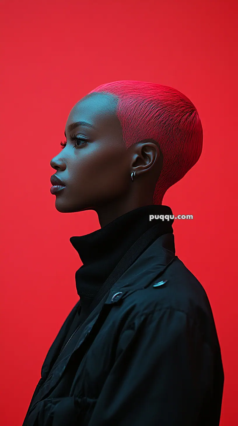 Profile of a person with short pink hair, wearing a black jacket, against a red background.