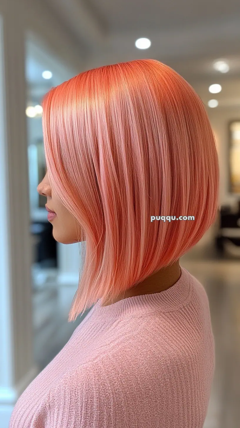 Person with straight, shoulder-length peach-colored hair wearing a pink sweater, seen from the side.